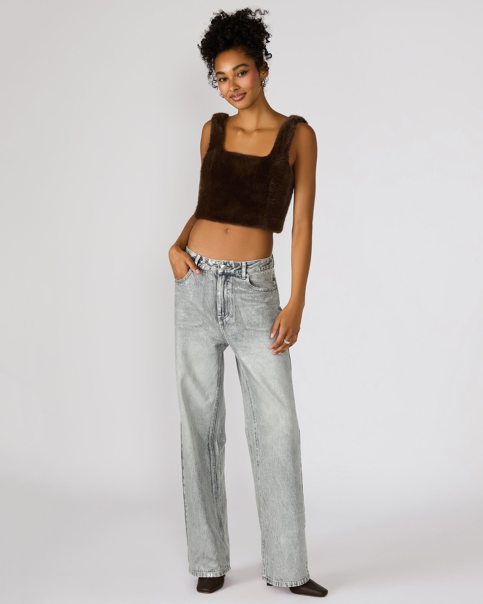 HANNIA FAUX FUR TOP DARK ESPRESSO - Image 5